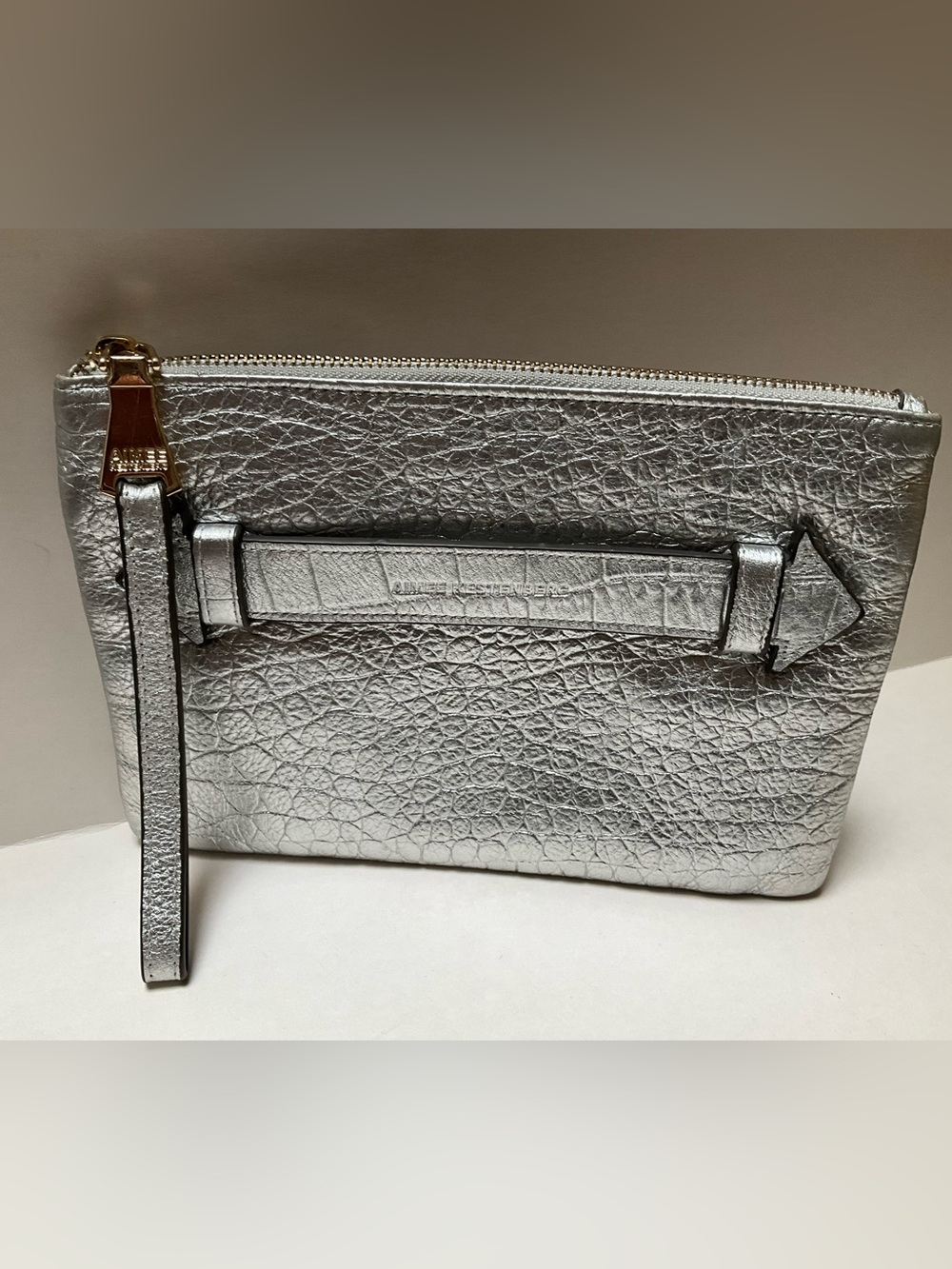 Aimee Kestenberg Meville Pouch Leather Metallic Silver Croc-Embossed Wristlet